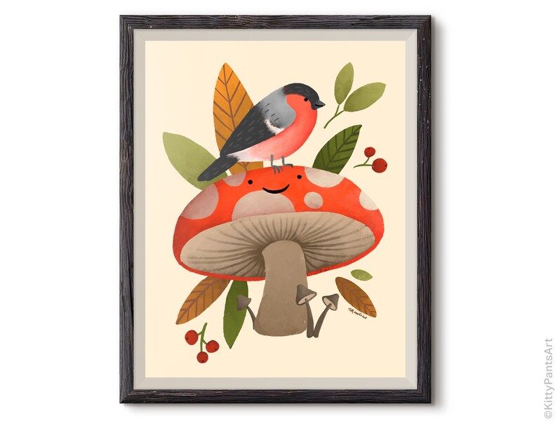 May include: A red and white mushroom with a smiling face, with a grey and red bird perched on top. The mushroom is surrounded by green and brown leaves and red berries.