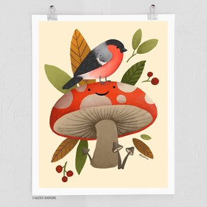 May include: A red and white mushroom with a smiling face, topped with a small grey and red bird, surrounded by green and brown leaves.