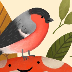 May include: A red and grey bird with a black head perched on a red mushroom with white spots. The mushroom has a smiling face.