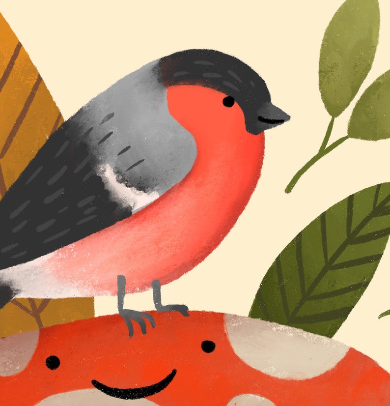 May include: A red and grey bird with a black head perched on a red mushroom with white spots. The mushroom has a smiling face.