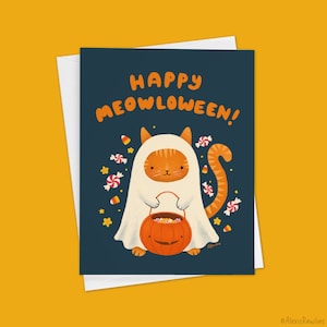 Trick or Treating Ghost Costume Cat Happy Halloween Card "Happy Meowloween"