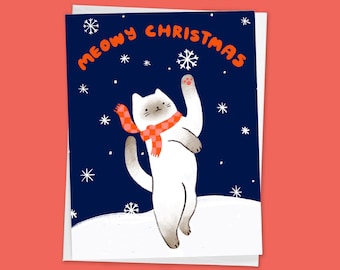 Cute Cat in Snow Christmas Card "Meowy Christmas"