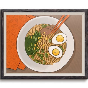 May include: A bowl of ramen with noodles, green onions, corn, and meat. Two smiling soft-boiled eggs are on top of the noodles. The bowl is on a brown surface with an orange and white patterned background.