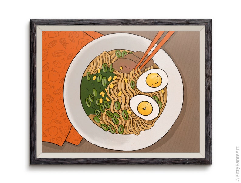 May include: A bowl of ramen with noodles, green onions, corn, and meat. Two smiling soft-boiled eggs are on top of the noodles. The bowl is on a brown surface with an orange and white patterned background.