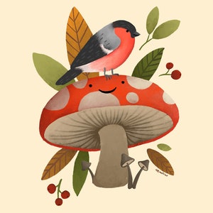 May include: A red and white mushroom with a smiling face and a small bird perched on top. The mushroom is surrounded by green leaves and red berries.