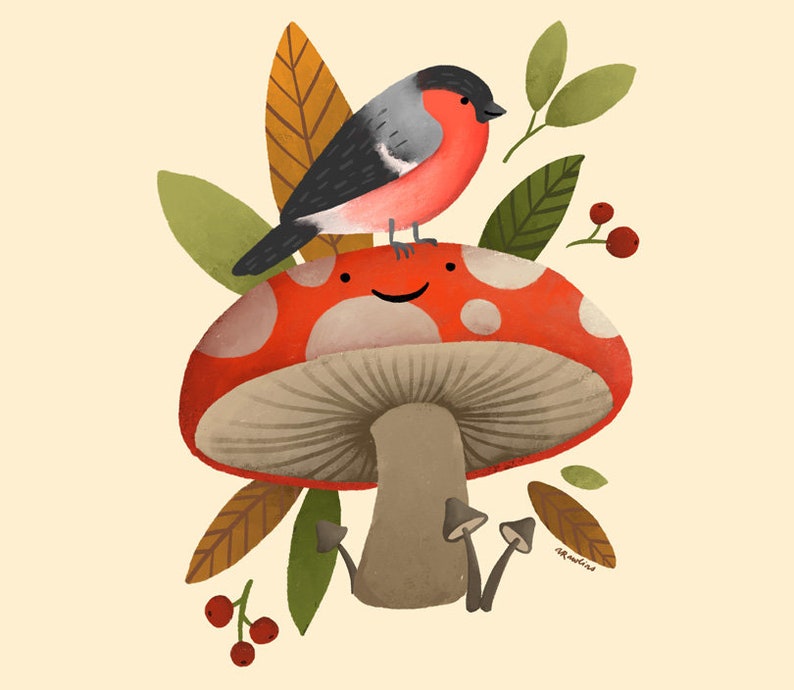 May include: A red and white mushroom with a smiling face and a small bird perched on top. The mushroom is surrounded by green leaves and red berries.