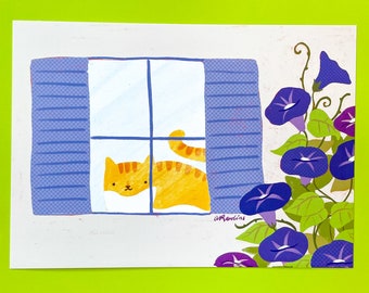 Morning Glory Window and Orange Cat 5x7 Art Print