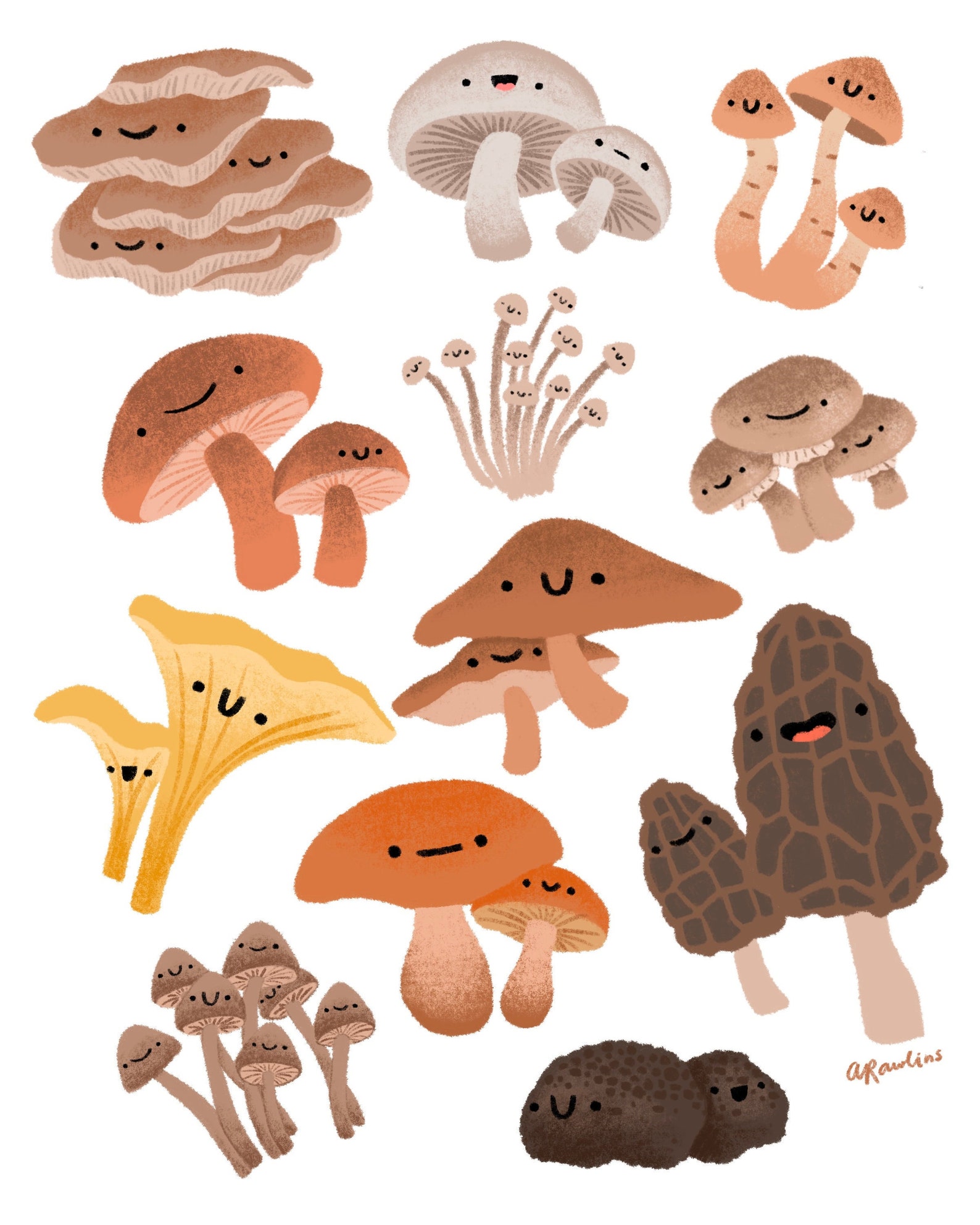 Cute Mushroom Art Print - Kawaii Wall Art, Fungi Forest Drawing, Nature ...