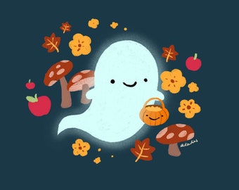 Cute Ghost Art Print - trick or treat ghost, cute kawaii, halloween gift, fall artwork, cozy hygge illustration, mushrooms leaves floral