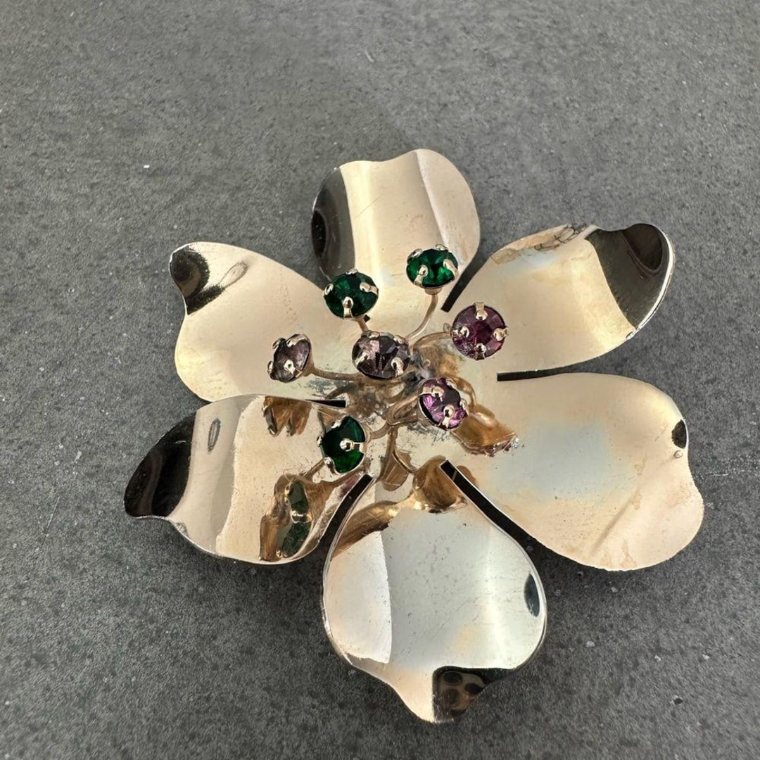Ancienne Broche Fleur En Argent Massif - Modèle Vintage Avec Strass - Bijou De Dame