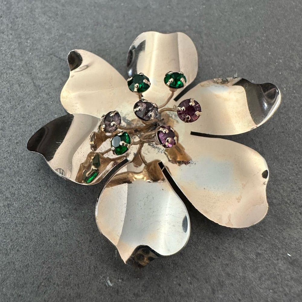 BROCHE VINTAGE FLEUR ARGENT MASSIF ZIRCONS PERLES DE NACRE # K30