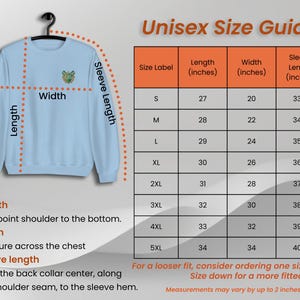 May include: Unisex size guide for a sweatshirt with measurements in inches for length, width, and sleeve length. Sizes range from S to 5XL.