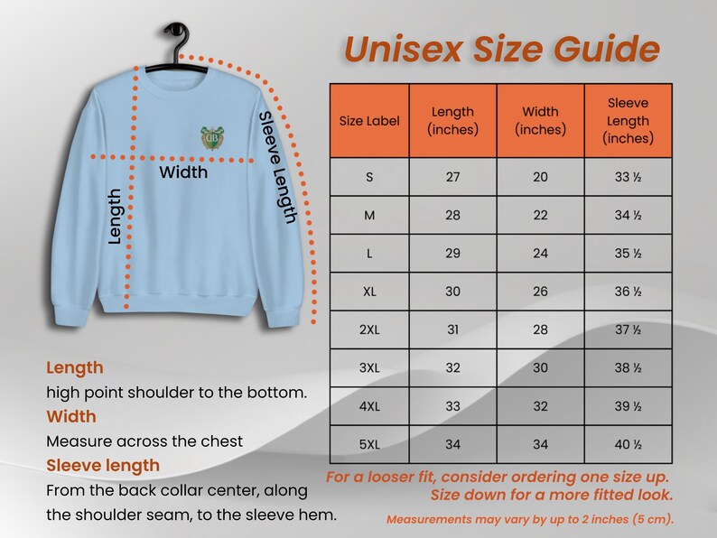May include: Unisex size guide for a sweatshirt with measurements in inches for length, width, and sleeve length. Sizes range from S to 5XL.