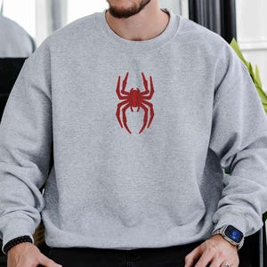 May include: A grey sweatshirt with a red spider graphic on the front.