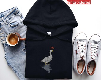 Embroidered Goose Hoodie, Goose in Water Pullover, Too Silly Art Embroidery, Unisex Plus Size Gift for Men and Women