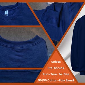 May include: Close-up of a navy blue unisex t-shirt made from a 50/50 cotton-poly blend. The shirt is pre-shrunk and fits true to size.