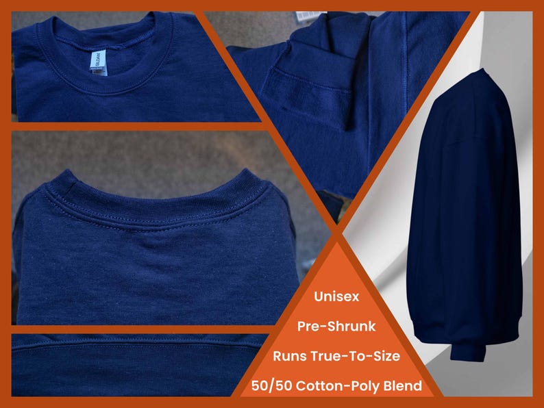 May include: Close-up of a navy blue unisex t-shirt made from a 50/50 cotton-poly blend. The shirt is pre-shrunk and fits true to size.