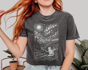 Northern Lights Cat T-Shirt, Minimalist Sweatshirt, Starry Night Cat Tee, Celestial Cat Apparel