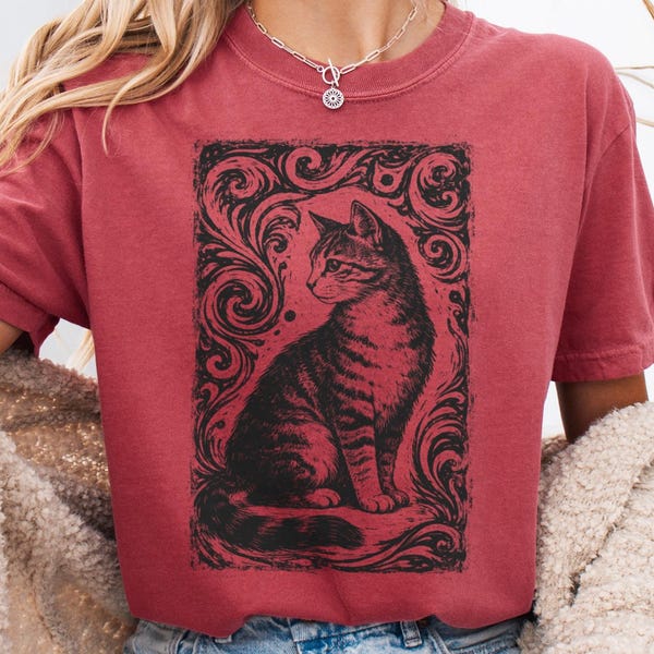 Woodcut Cat T-Shirt, Vintage Style Feline Sweatshirt, Graphic Cat Art Tee, Elegant Cat Lover Gift, Unique Pet Shirt, Artistic Cat Design