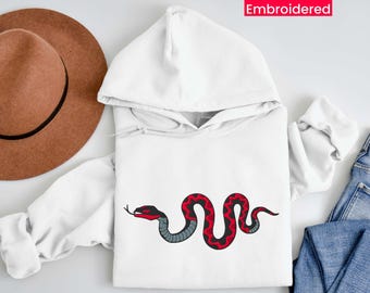 Red Snake Embroidered Hoodie, Vintage Snake Pullover, Unisex Gothic Cute Snake Streetwear, Year of Snake gift for Her or Him