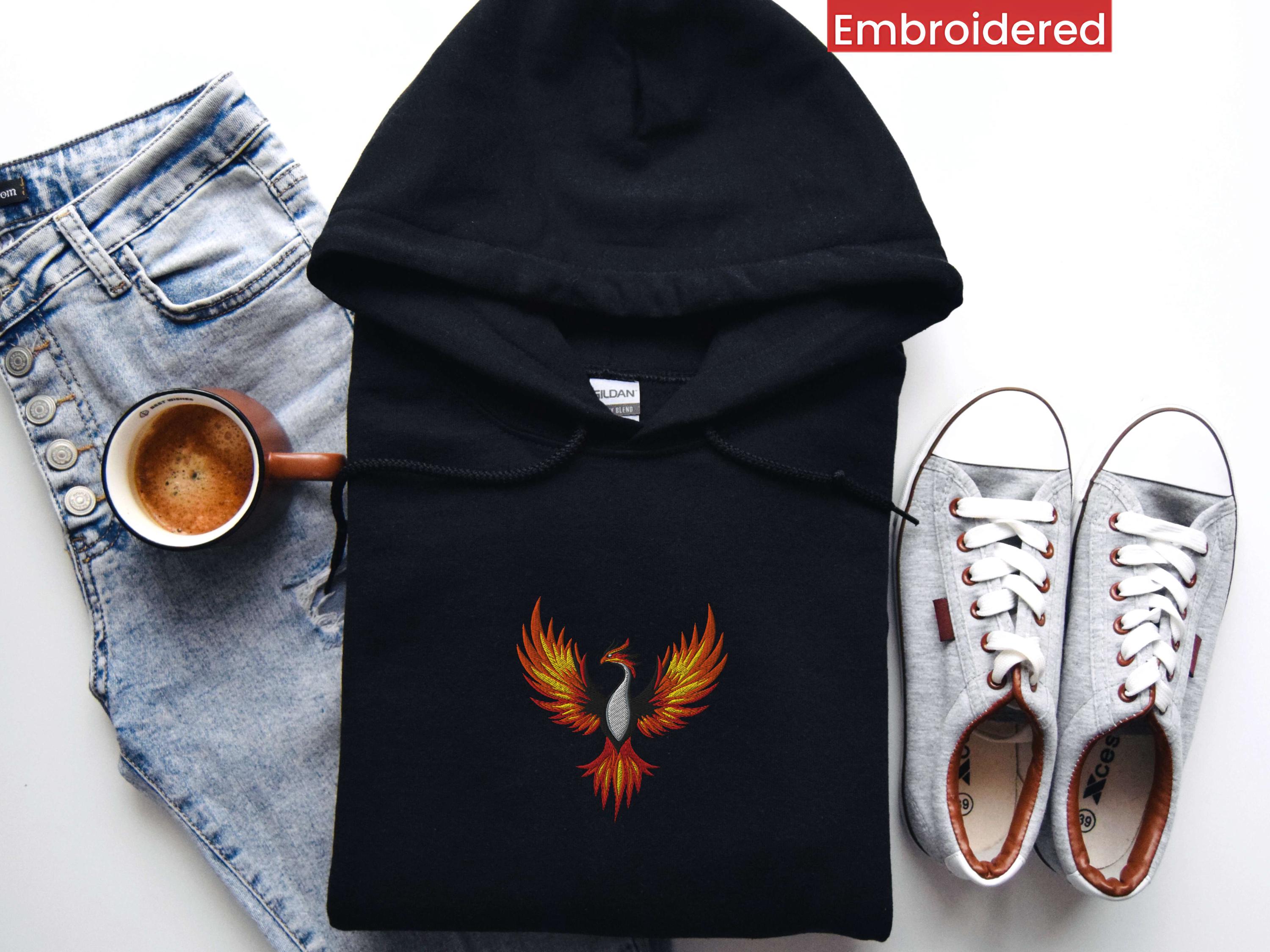 Phoenix Embroidered Hoodie, Phoenix Rising Art, Fire Effect Mythical Bird Design, Unisex Flaming Phoenix Pullover