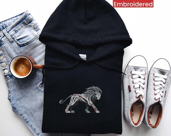 Tribal Lion Embroidered Hoodie, Trendy Animal Graphics Pullover, Unique Lion Apparel, Wildlife-Themed Hoodie, Boho Animal Lovers Gift