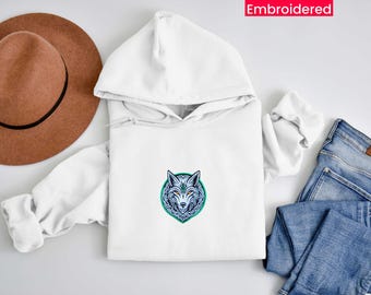 Celtic Wolf Embroidered Hoodie, Minimalist Animal Design Hoodie, Unisex Nature-Inspired Pullover Gift