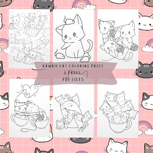 6 Kawaii Cat Coloring Pages, kawaii cats, printable coloring pages, kawaii drawings, girls, kids, toddlers, procreate iPad PDF files digital