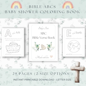 May include: A baby shower coloring book with the text "BIBLE ABCS" and "BABY SHOWER COLORING BOOK". The book features illustrations of an ark, a dove, and a world map. The text "Baby's First ABC Bible Verse Book" is also visible.