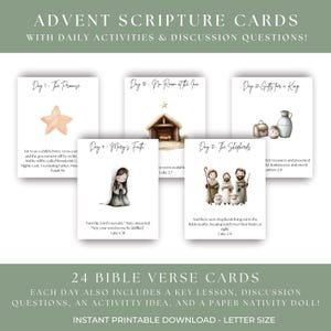 May include: Advent Scripture Cards with daily activities and discussion questions. The cards feature watercolor illustrations of biblical scenes, including a star, a manger, and shepherds. The set includes 24 Bible verse cards with a key lesson and activity idea.