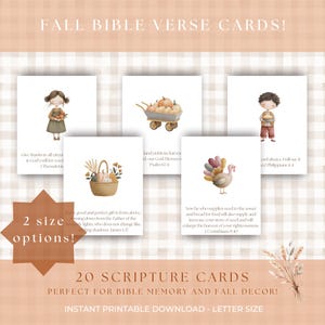 May include: Fall-themed Bible verse cards with illustrations of children, pumpkins, and a turkey. The cards feature Bible verses and the text "20 Scripture Cards" and "Instant Printable Download - Letter Size."
