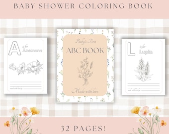ABC de la fête prénatale | Premier livre ABC de bébé | Livre de coloriage ABC pour baby shower sur le thème des fleurs sauvages | bébé en fleurs Jeu à imprimer |