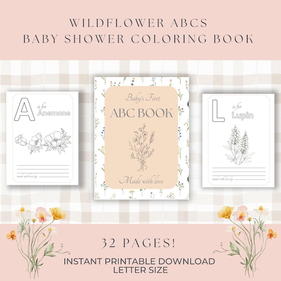 Baby Shower ABC Book | Baby's First ABC Book | Wildflower themed ABCs baby shower coloring book | baby in bloom Printable baby shower game |