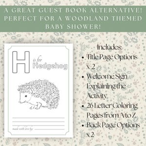 Peut inclure: Une alternative au livre d'or blanche pour une baby shower sur le th&egrave;me de la for&ecirc;t. Le livre pr&eacute;sente une illustration de h&eacute;risson et la lettre "H". Comprend des options de page de titre, un panneau de bienvenue, 26 pages &agrave; colorier et des options de page arri&egrave;re.