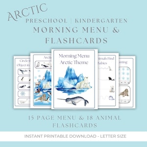 Pode incluir: Um conjunto de flashcards imprimíveis com tema ártico e um menu de manhã de 15 páginas. Os flashcards apresentam ilustrações de aquarela de animais árticos, incluindo um urso polar, uma morsa, uma narval e um pinguim. O menu apresenta uma ilustração de aquarela de um iceberg e uma narval.
