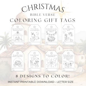 Op de afbeelding: Kerstmis Bijbelvers kleurcadeaulabels met acht ontwerpen. Elke tag bevat een Bijbelvers en een bijbehorende illustratie om in te kleuren. Bevat de tekst "To: From:" voor personalisatie. Directe download.