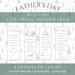 May include: Father's Day coloring bookmarks with Bible verses. The design includes eight printable bookmarks with illustrations of a fish, mountains, a campfire, and more. The text includes Bible verses and the words "Father's Day" and "Coloring Bookmarks."
