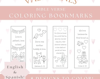 Valentines Day Bible Verse Coloring Bookmarks For Kids English AND Spanish | Printable Scripture Bookmark | Valentine Activity to Color