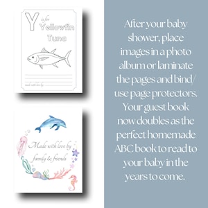 May include: Two white cards with illustrations and text. One card features a drawing of a yellowfin tuna and the text "Y is for Yellowfin Tuna". The other card has a dolphin illustration and text "Made with love by family & friends".