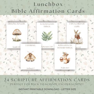 May include: A set of five white rectangular cards featuring watercolour illustrations of a mushroom, fern, two rabbits, a moth, and a squirrel with a basket. Each card displays text including I BELONG TO GOD, I CAN DO GOOD THINGS, I AM A CHILD OF GOD, I AM BRAVE, and WITH GOD I CAN DO HARD THINGS.