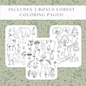 Peut inclure: Trois pages de coloriage sur le th&egrave;me de la for&ecirc;t avec des illustrations d&eacute;taill&eacute;es en noir et blanc d'animaux des bois, d'arbres, de champignons et de plantes. Le texte en haut indique : &laquo; INCLUDES 3 BONUS FOREST COLORING PAGES ! &raquo; Le fond a un motif floral vert.