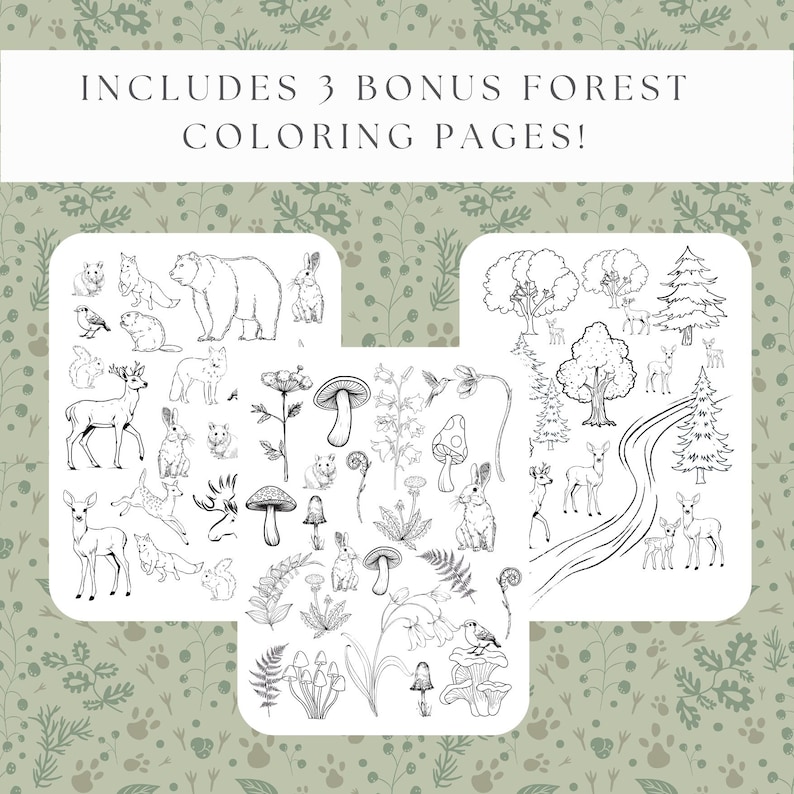 Peut inclure: Trois pages de coloriage sur le th&egrave;me de la for&ecirc;t avec des illustrations d&eacute;taill&eacute;es en noir et blanc d'animaux des bois, d'arbres, de champignons et de plantes. Le texte en haut indique : &laquo; INCLUDES 3 BONUS FOREST COLORING PAGES ! &raquo; Le fond a un motif floral vert.