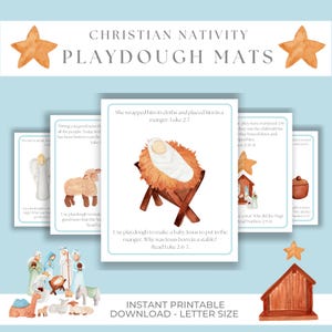 May include: Christian Nativity playdough mats with watercolor illustrations of the Nativity scene. The set includes cards with Bible verses and images of the baby Jesus, angels, and the manger. The text says "Instant Printable Download - Letter Size."