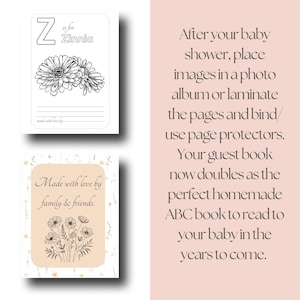 May include: Two cards with floral illustrations. One card features the letter "Z" and the words "Z is for Zinnia" with a drawing of zinnias. The other card says "Made with love by family & friends" with a floral bouquet.