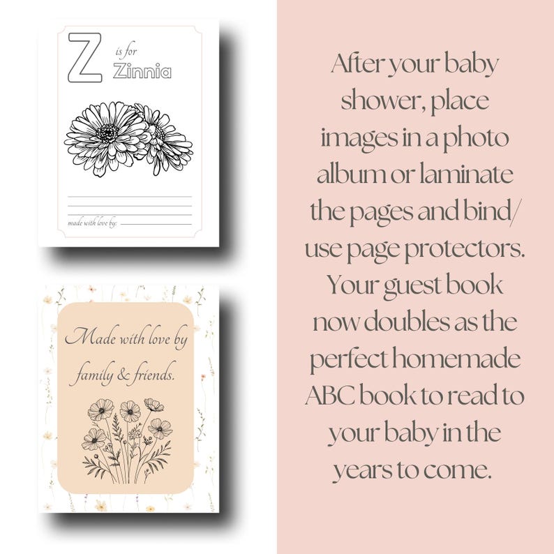 May include: Two cards with floral illustrations. One card features the letter "Z" and the words "Z is for Zinnia" with a drawing of zinnias. The other card says "Made with love by family & friends" with a floral bouquet.
