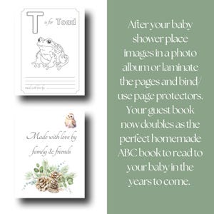 Peut inclure: Deux cartes blanches avec des illustrations et du texte. L'une dit "T is for Toad" avec un dessin de crapaud. L'autre dit "Made with love by family & friends" avec une illustration de pommes de pin et de verdure.