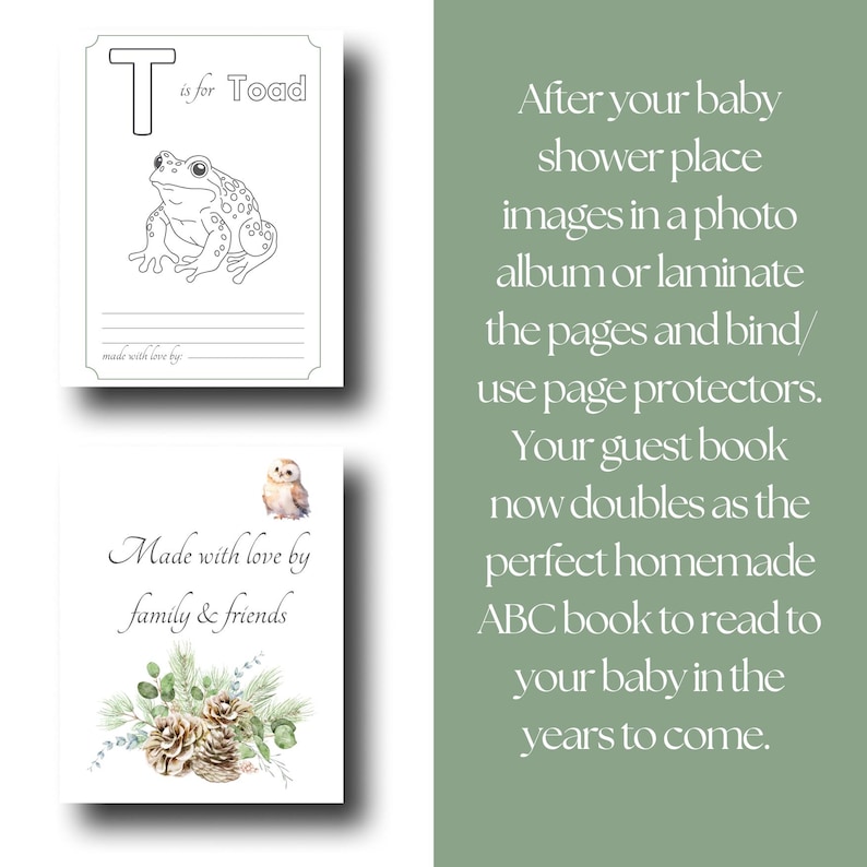 Peut inclure: Deux cartes blanches avec des illustrations et du texte. L'une dit "T is for Toad" avec un dessin de crapaud. L'autre dit "Made with love by family & friends" avec une illustration de pommes de pin et de verdure.