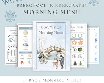 May include: A 41-page printable winter morning menu for preschool and kindergarten featuring educational activities. The cover displays a snowy scene with a bridge, a child on a sled, and a deer. Text includes Winter Preschool Kindergarten Morning Menu.