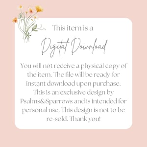 May include: A digital download announcement on a pink background with floral accents. The text reads "This item is a Digital Download." Additional text explains the digital nature of the product and its intended use.
