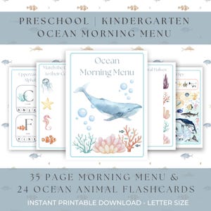 Peut inclure: Un ensemble de pages éducatives imprimables intitulées Preschool Kindergarten Ocean Morning Menu, avec des illustrations à l'aquarelle d'une baleine bleue, de corail, de méduse, d'étoile de mer, d'hippocampe et de poisson-clown, avec du texte.